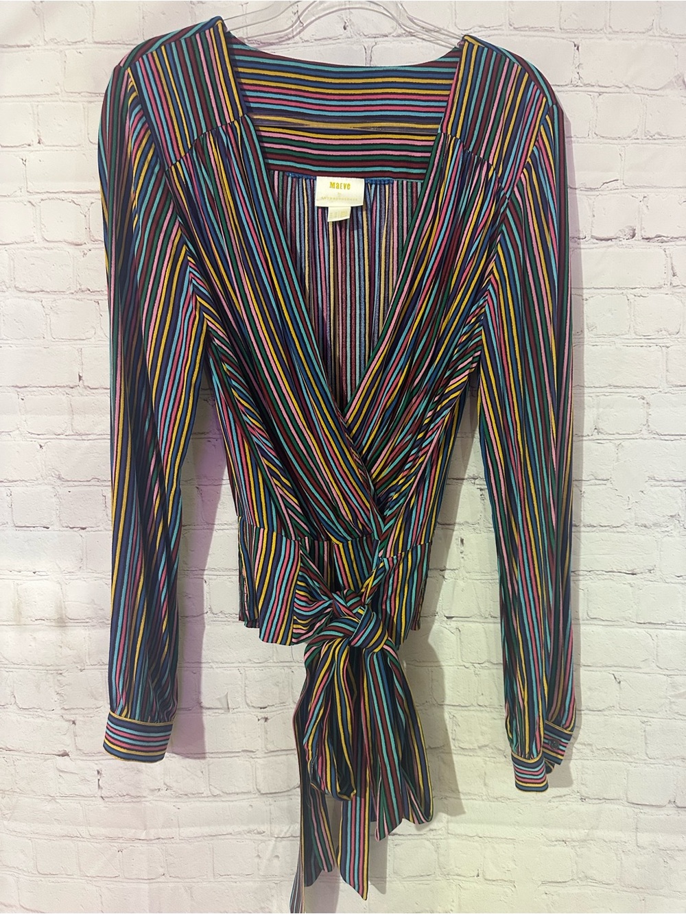 Maeve Anthropologie Multicolor Striped Wrap Tie Blouse Long Sleeve